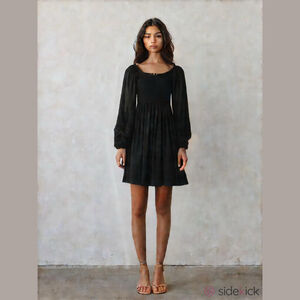 AE77 Premium smocked Linen Balloon Sleeve Dress Size S Black $228